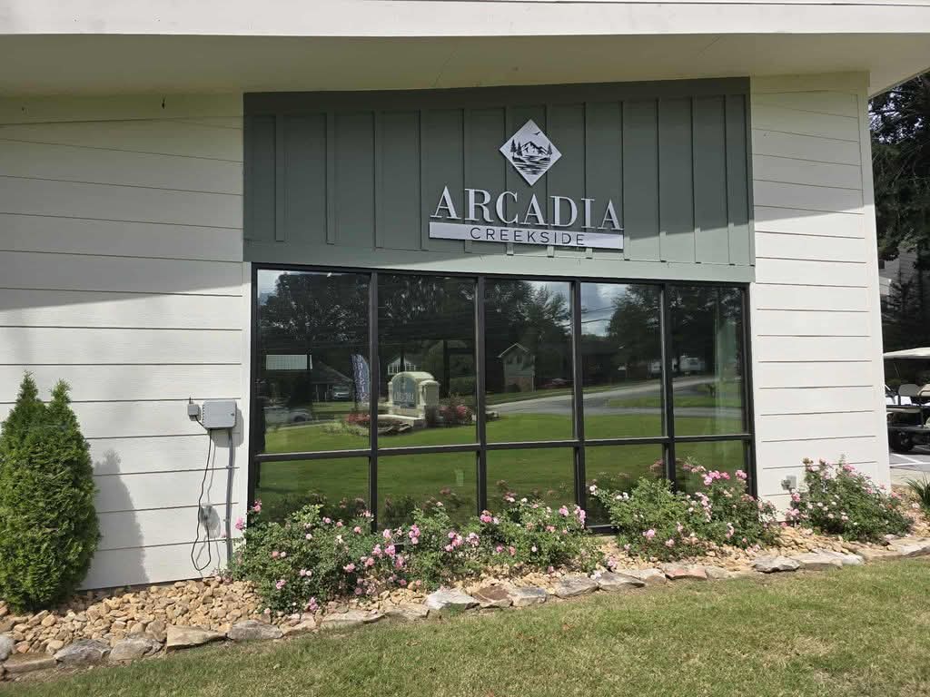 Reflective privacy window film on the front windows of the Arcadia Creekside building