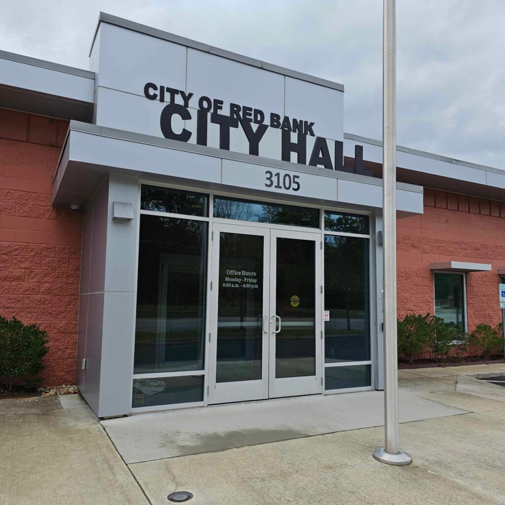Red Bank City Hall entrance in Red Bank, TN with commercial window film by Solar Sentinel